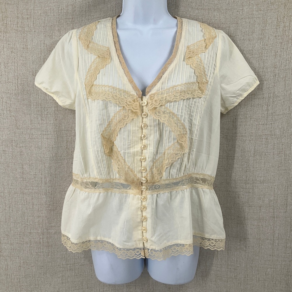 Love Stitch Blouse Women M Cream Boho Lace Trim Pintuck Peplum Victorian Top